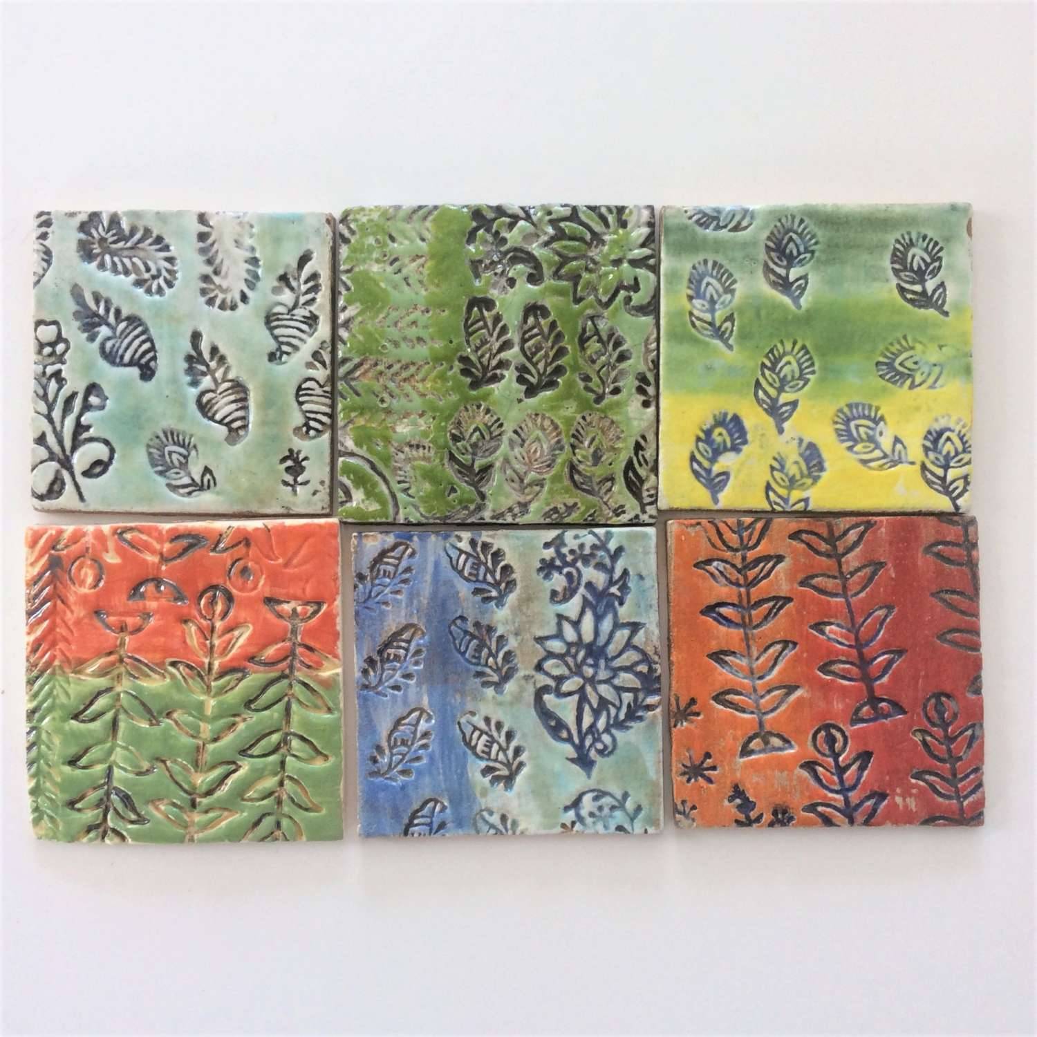 6 Handmade tiles Indian Print block patterns 2 100 x 8mm each Diana