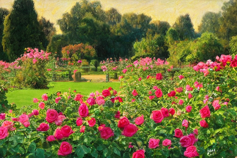 prompthunt rose garden in the morning sun, award winning by raphael!!