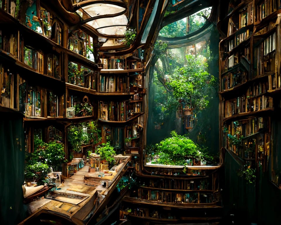 prompthunt fantasy library in a magical treehouse, vast library of
