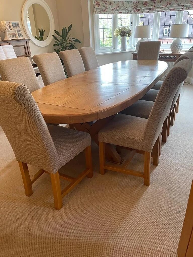 Large 'John Lewis' Solid Oak Extendable Dining Table & 10 Upholstered