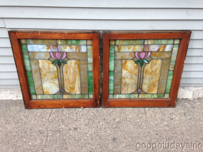 Wonderful Pair of Antique Stained Glass Windows From Chicago 25" tall x