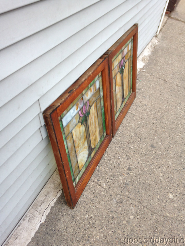 Wonderful Pair of Antique Stained Glass Windows From Chicago 25" tall x