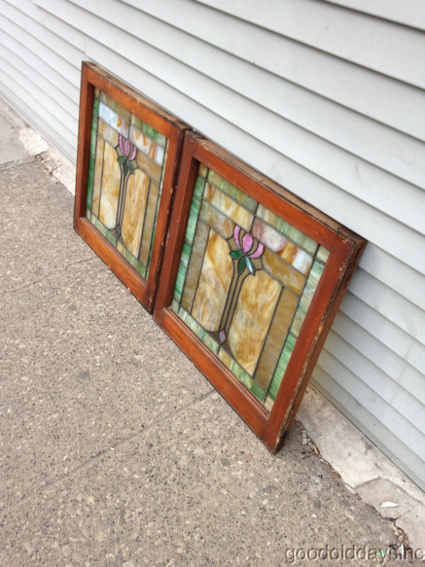 Wonderful Pair of Antique Stained Glass Windows From Chicago 25" tall x