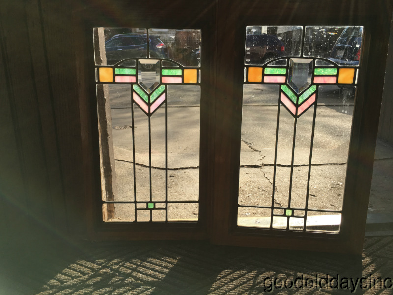 2 Small Prairie Style Stained Leaded Glass Window Door w Beveled Glass