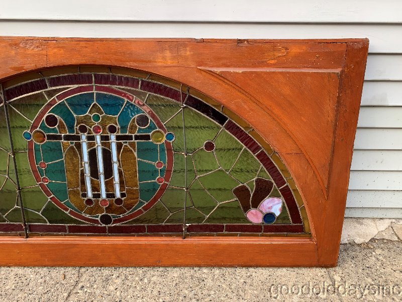 Large Victorian Arched Stained Leaded Glass Transom Window w/ Jewels 56