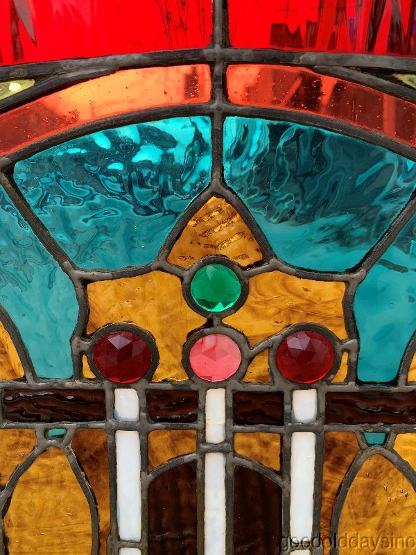 Large Victorian Arched Stained Leaded Glass Transom Window w/ Jewels 56
