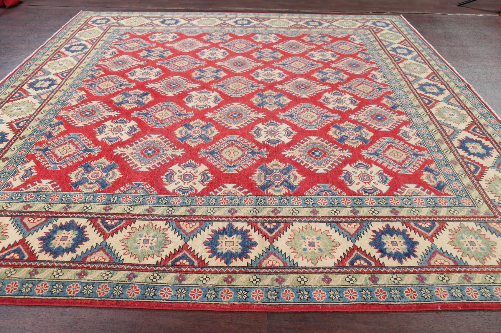 LARGE RED 10 ft SQUARE Geometric Super Kazak Oriental Area Rug Wool