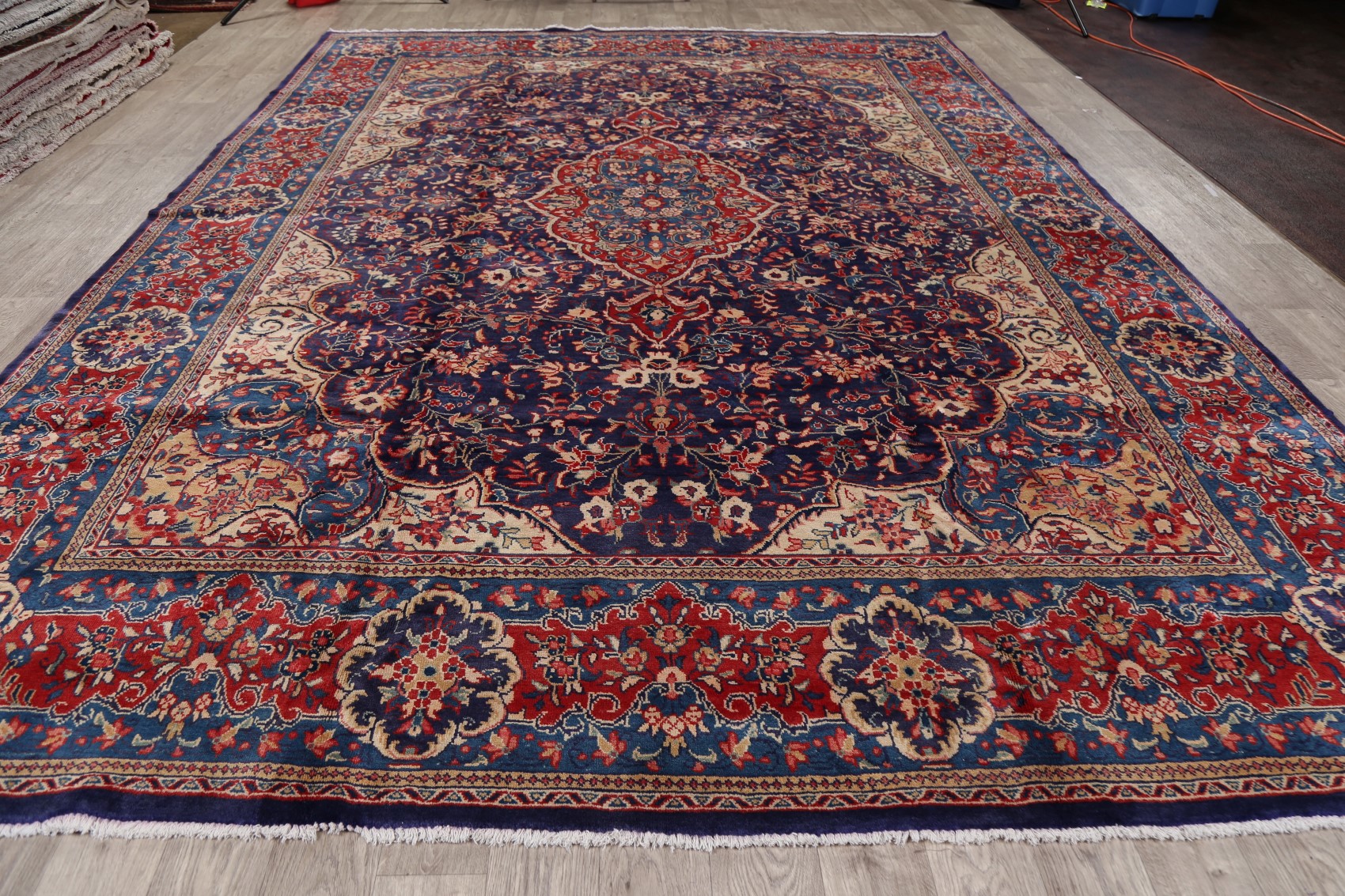 Excellent Vintage Floral Sarouk Navy Blue Area Rug Large HandKnotted