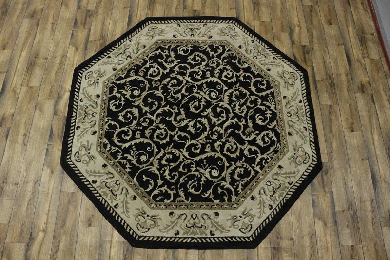 Hand Tufted Of Black Floral Octagon Shape 8x8 Oushak Oriental Rug Wool