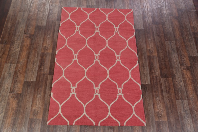 100 Wool Hand Tufted Coral Color Modern 5x8 Moroccan Trellis Oriental