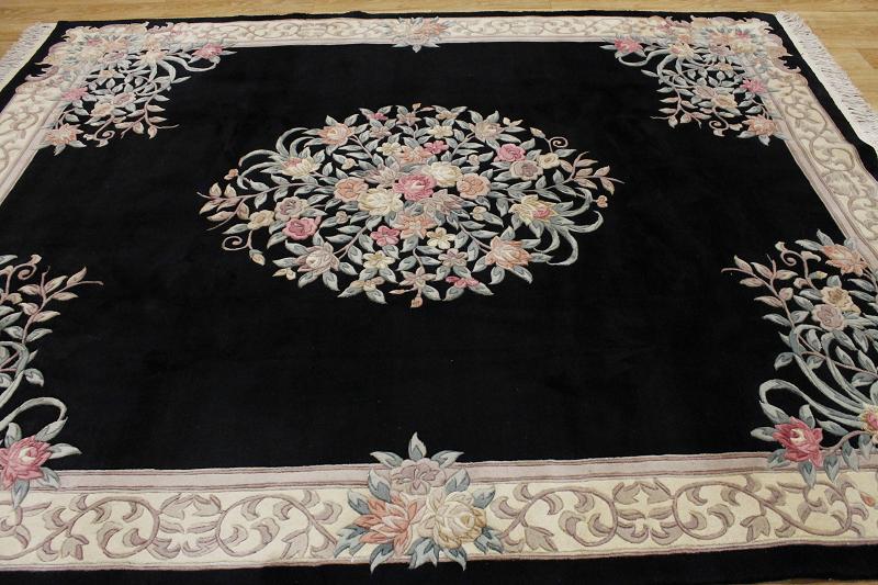 HANDMADE CARVED FLORAL BLACK 8X10 ART DECO CHINESE ORIENTAL AREA RUG