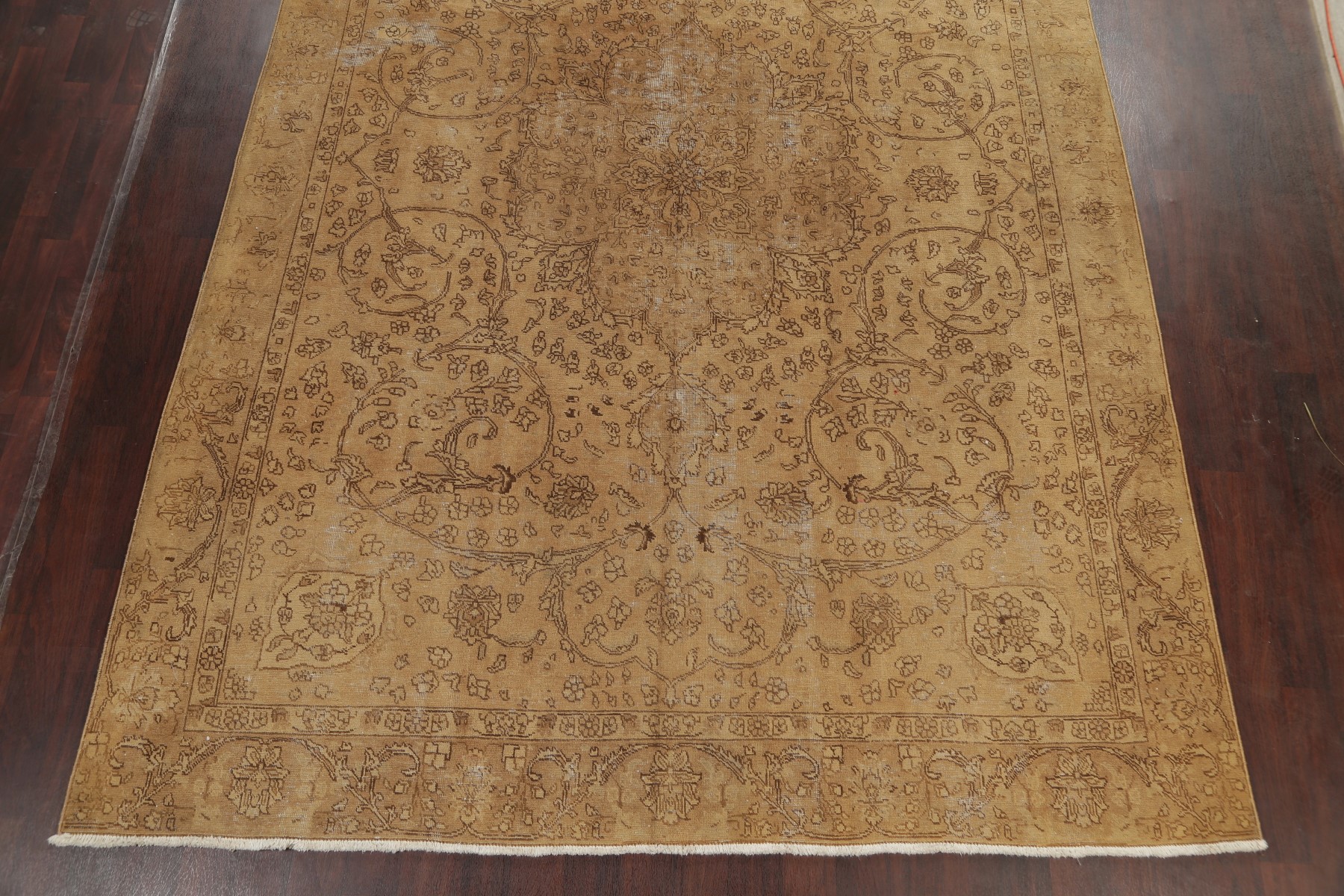 ANTIQUE Distressed Rug 9x12 Geometric Oriental Gold Brown Muted Over