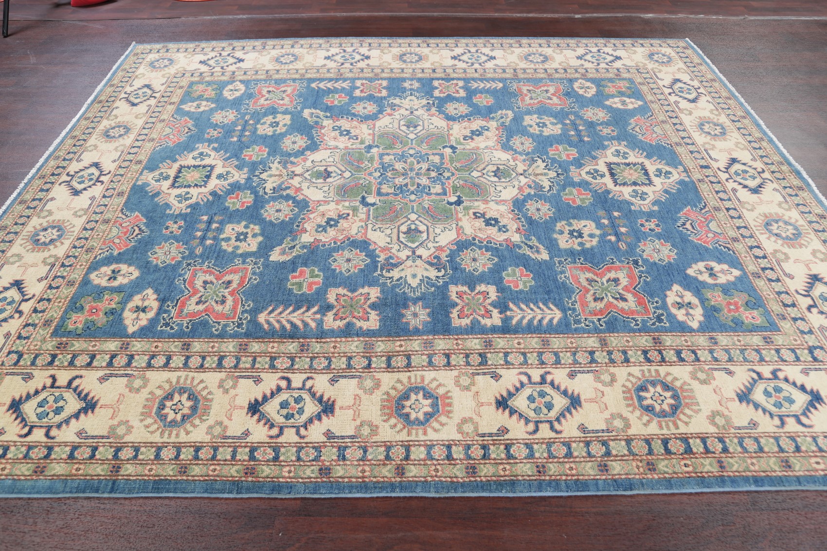 Light Blue and Green Kazak Geometric Oriental Area Rug Vegetable Dye