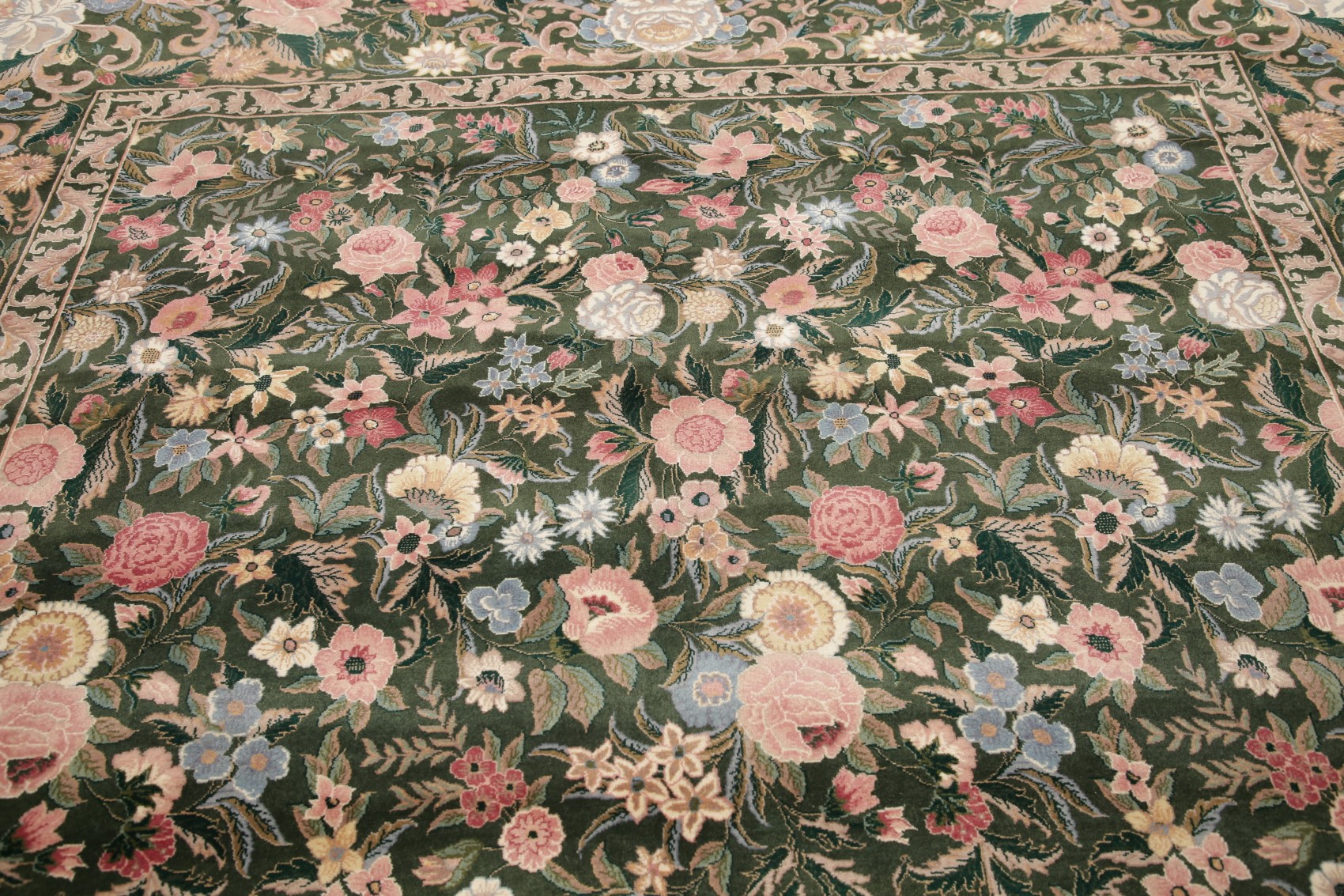 8'x10' HUNTER GREEN Transitional Floral Aubusson Oriental Area Rug Hand