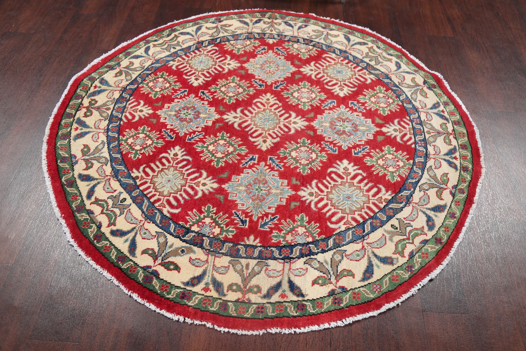 Geometric RED 5 ft Round Super Kazak Oriental Rug HandKnotted Kitchen