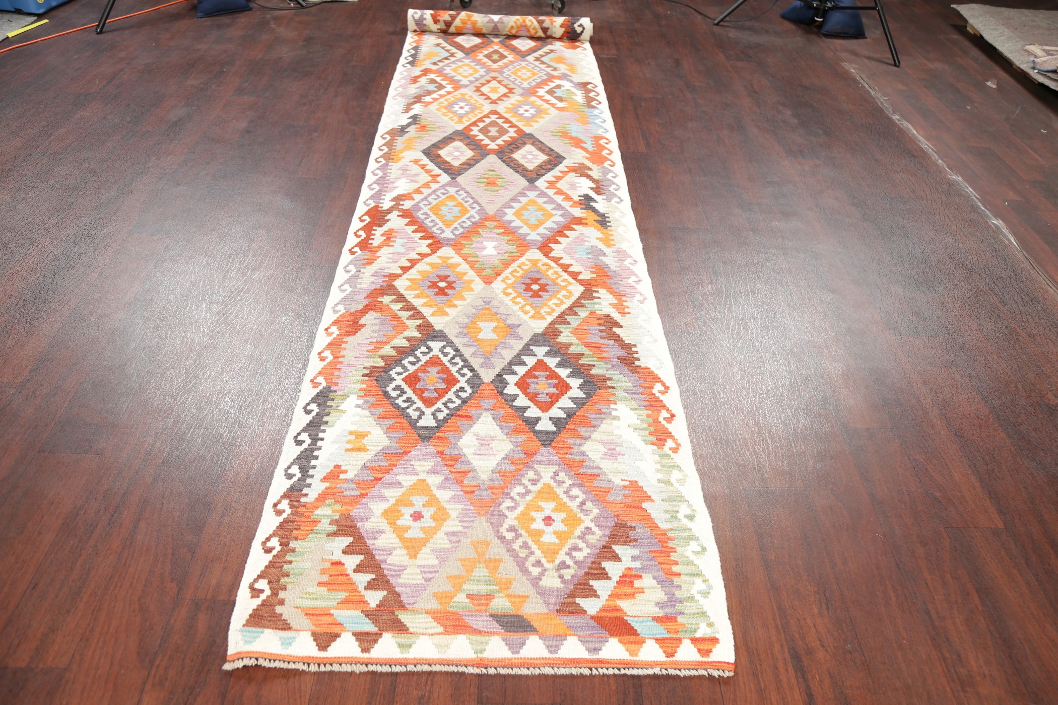 16 ft Long Kilim Runner Rug FlatWoven Diamond Shape Southwestern