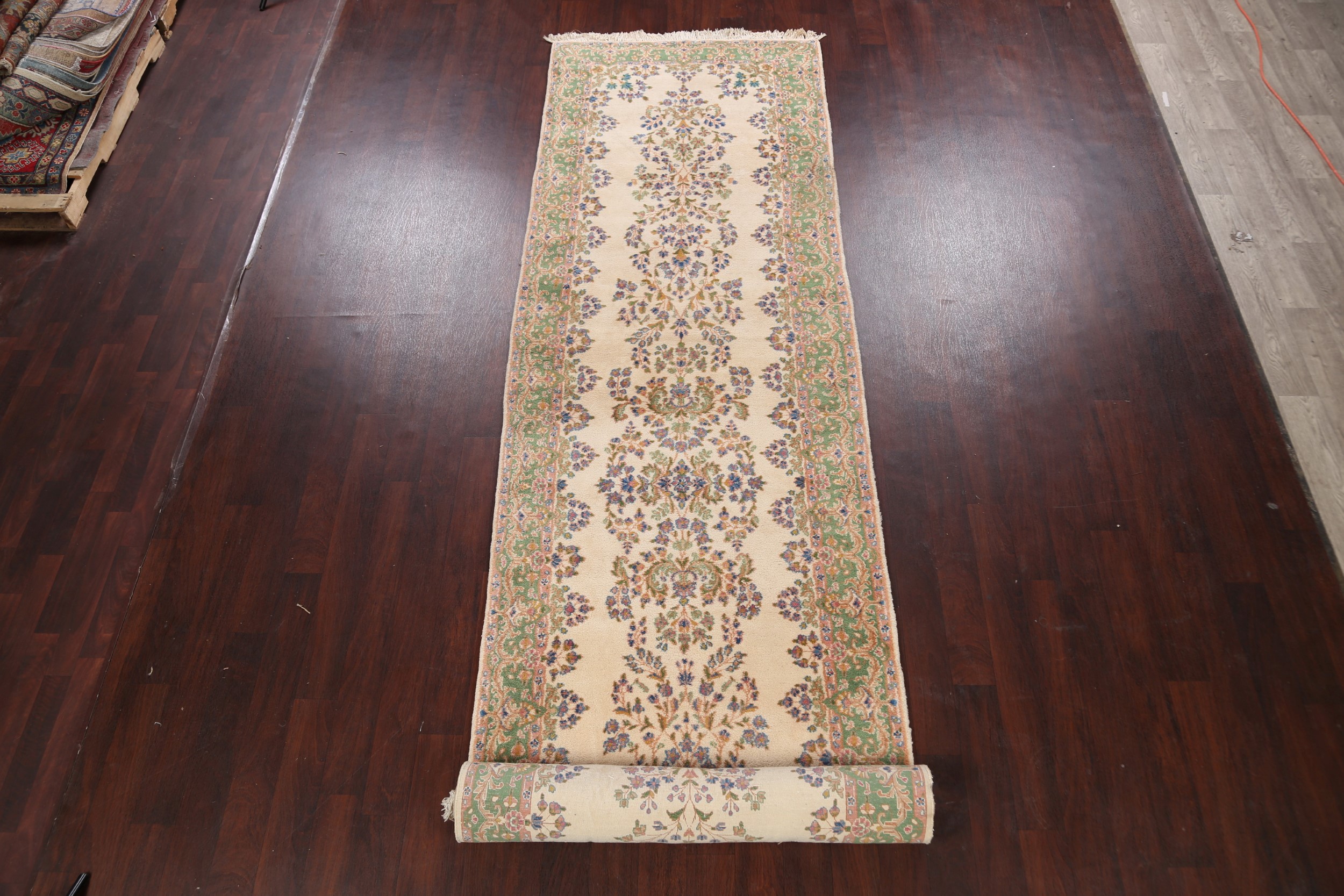 Vintage Floral IVORY/GREEN 16 ft Long Runner Kirman HallWay Runner Rug