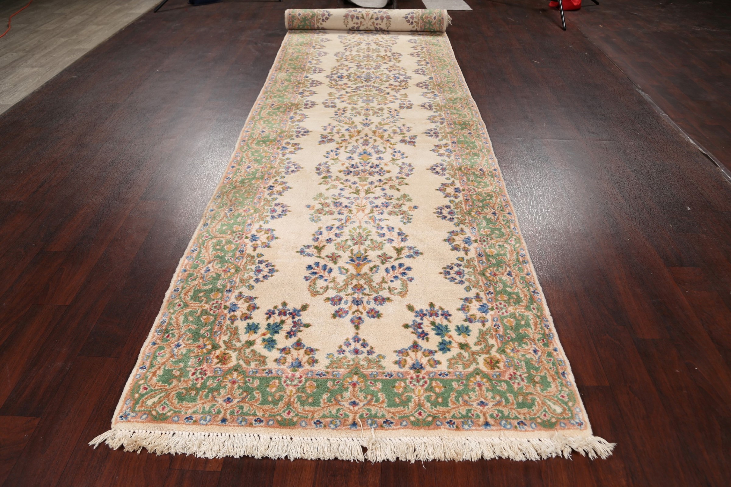 Vintage Floral IVORY/GREEN 16 ft Long Runner Kirman HallWay Runner Rug