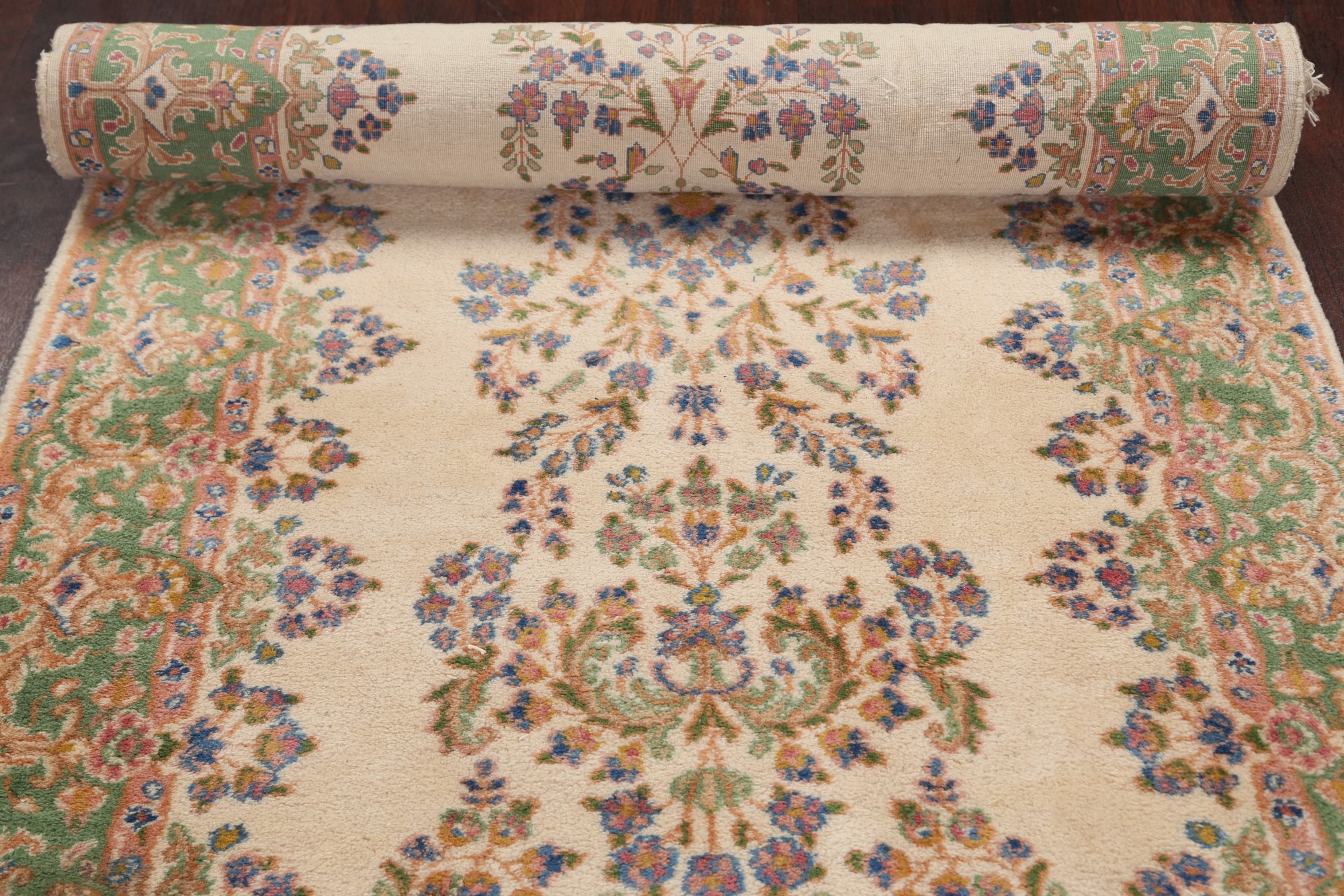 Vintage Floral IVORY/GREEN 16 ft Long Runner Kirman HallWay Runner Rug
