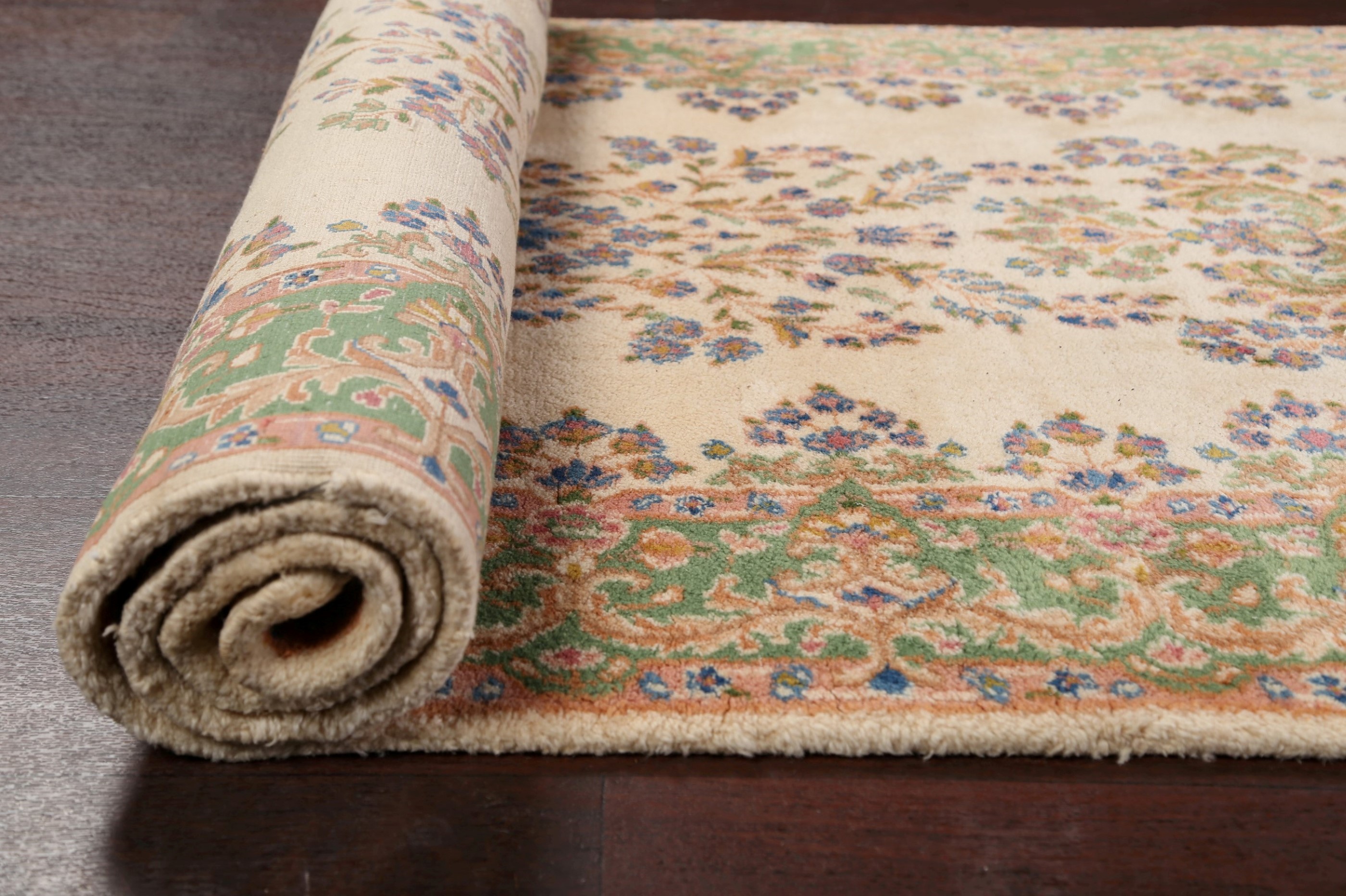 Vintage Floral IVORY/GREEN 16 ft Long Runner Kirman HallWay Runner Rug