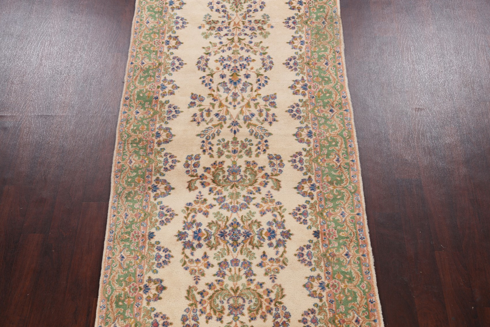 Vintage Floral IVORY/GREEN 16 ft Long Runner Kirman HallWay Runner Rug