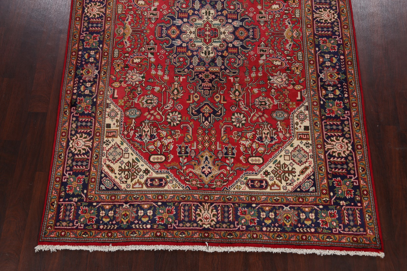 Vintage Geometric RED/ NAVY Tebriz Area Rug Wool Handmade Oriental