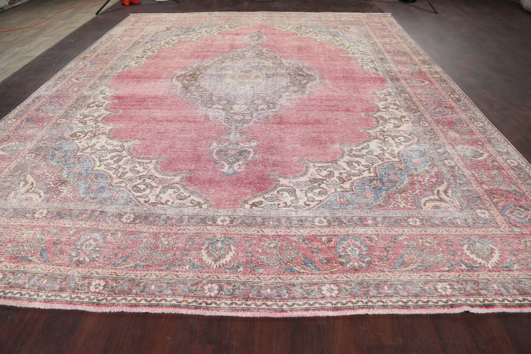Vintage Geometric Evenly Low Pile Distressed Tebriz Muted Pink Area Rug