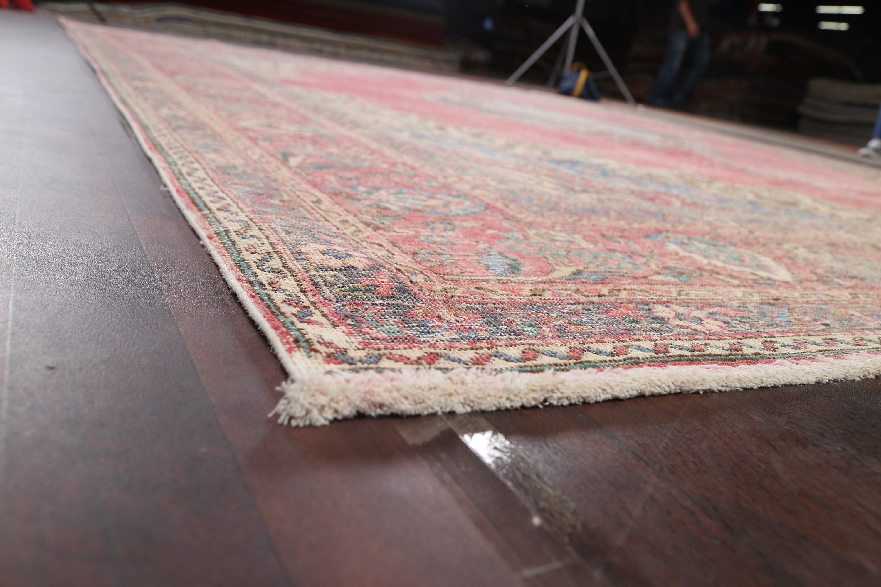 Vintage Geometric Evenly Low Pile Distressed Tebriz Muted Pink Area Rug