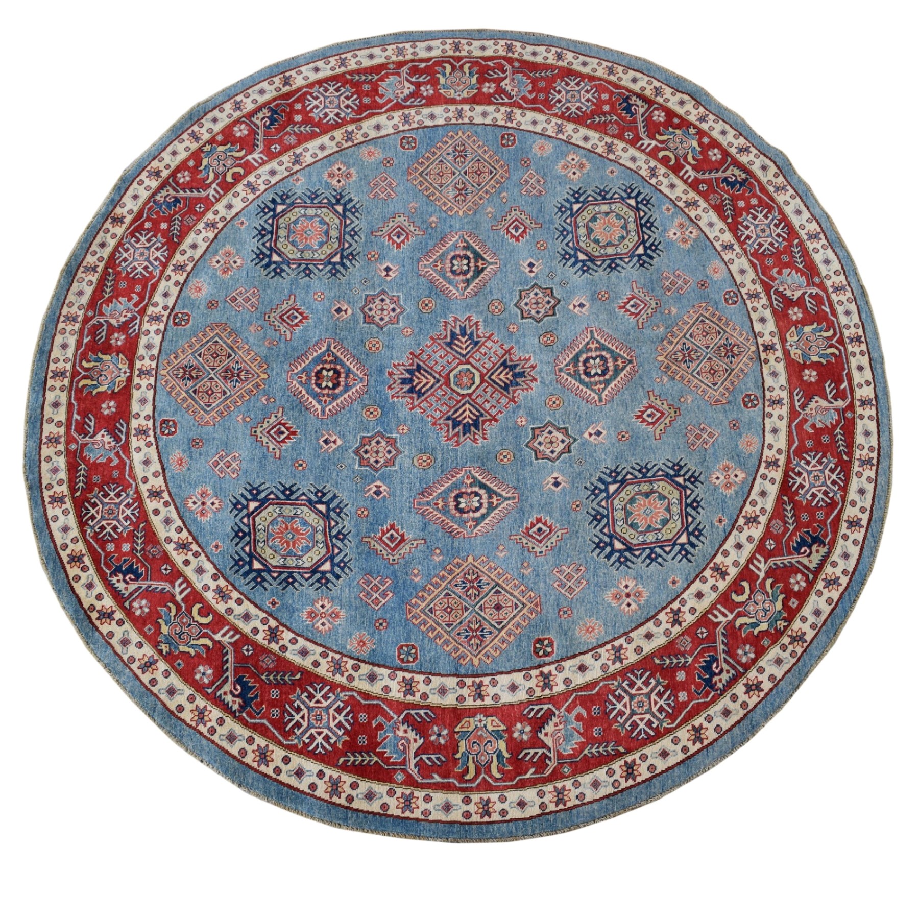 9x9 ROUND Blue Geometric Super Kazak Oriental Area Rug HandKnotted