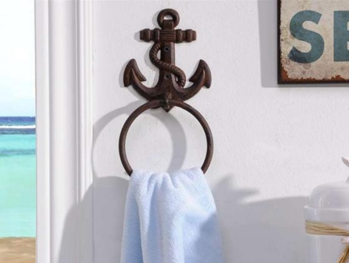New Cast Iron Nautical Anchor Wall Mount Towel Bar Ring Coastal