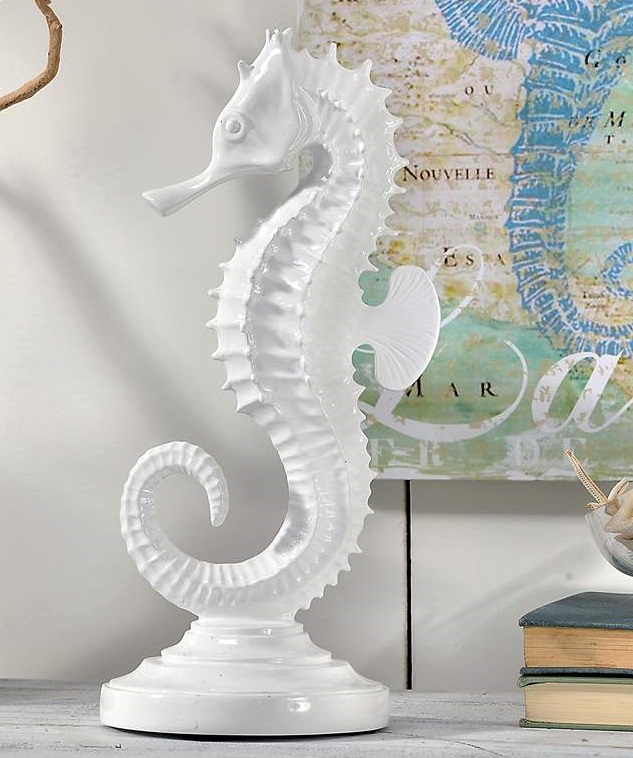 12" Ceramic WHITE SEAHORSE STATUE Beach Home Decor Tropical Figure
