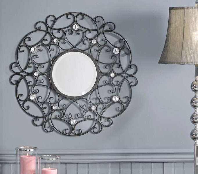Decorative Scrolled Iron JEWELED WALL MIRROR 23" Gem Acrylic Bead