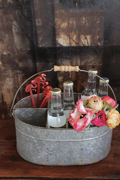 New Galvanized Tin Caddy Bucket Divided w/ 6 Compartments Utensil