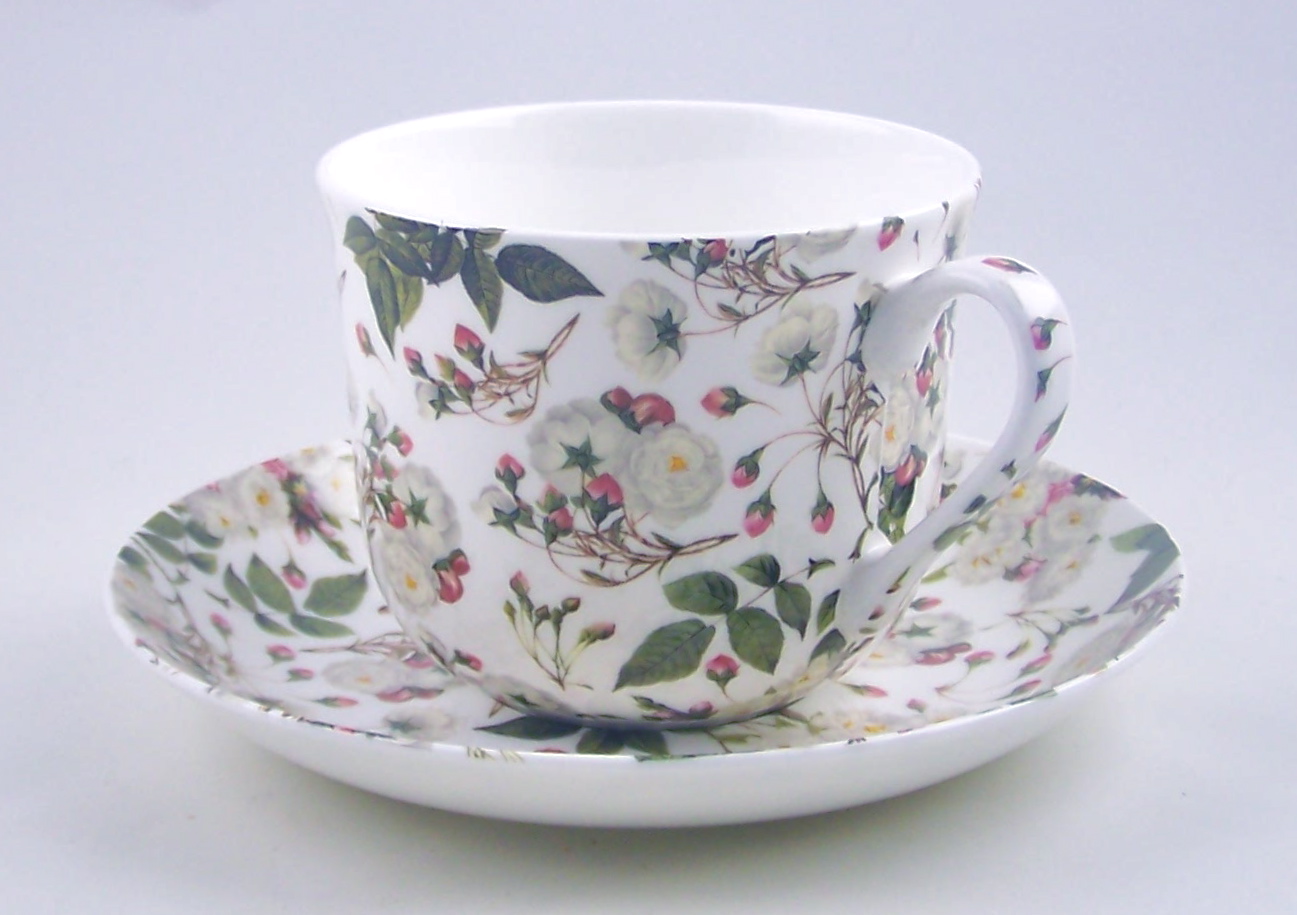 ENGLISH BONE CHINA BREAKFAST CUP AND SAUCER SET, WHITE ROSE CHINTZ