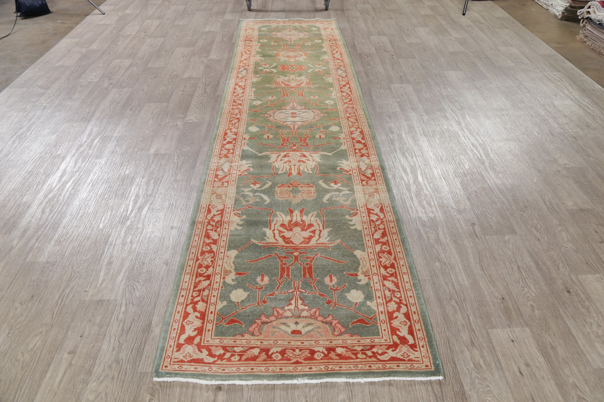 GREEN Oushak Vegetable Dye 12 ft Runner Rug HandKnotted Oriental