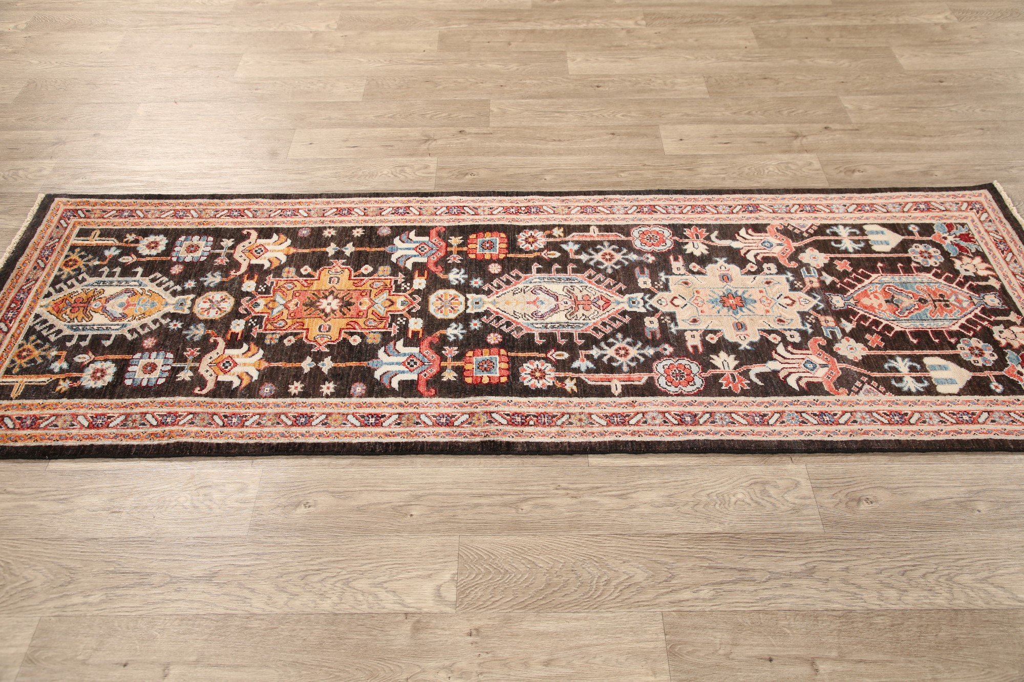 Geometric Heriz Serapi HandKnotted Dark Brown 8' Runner Rug Oriental