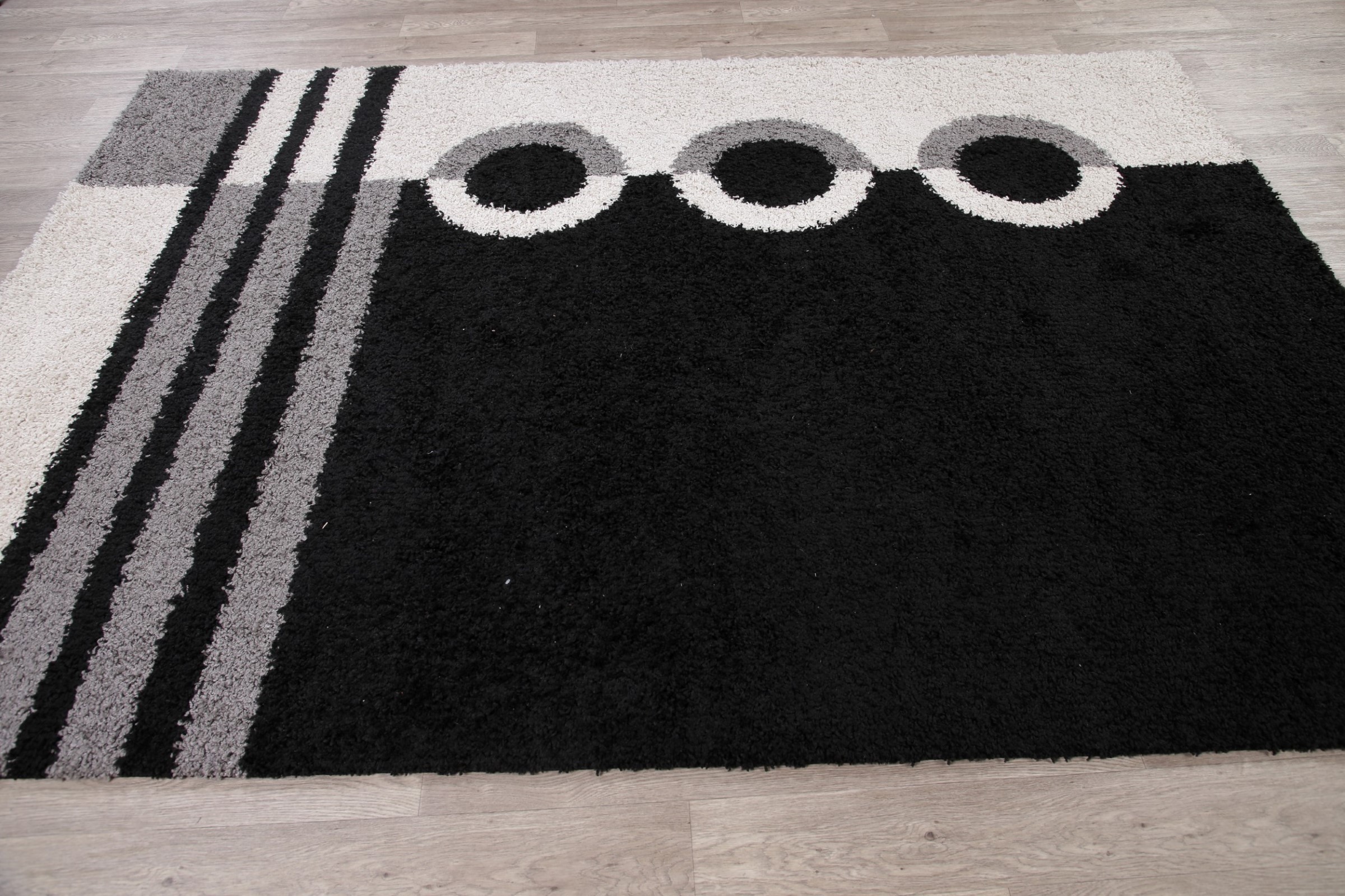 Oriental Geometric Panel Area Rug Shaggy BlackWhite Carpet 5x7 & 6x6