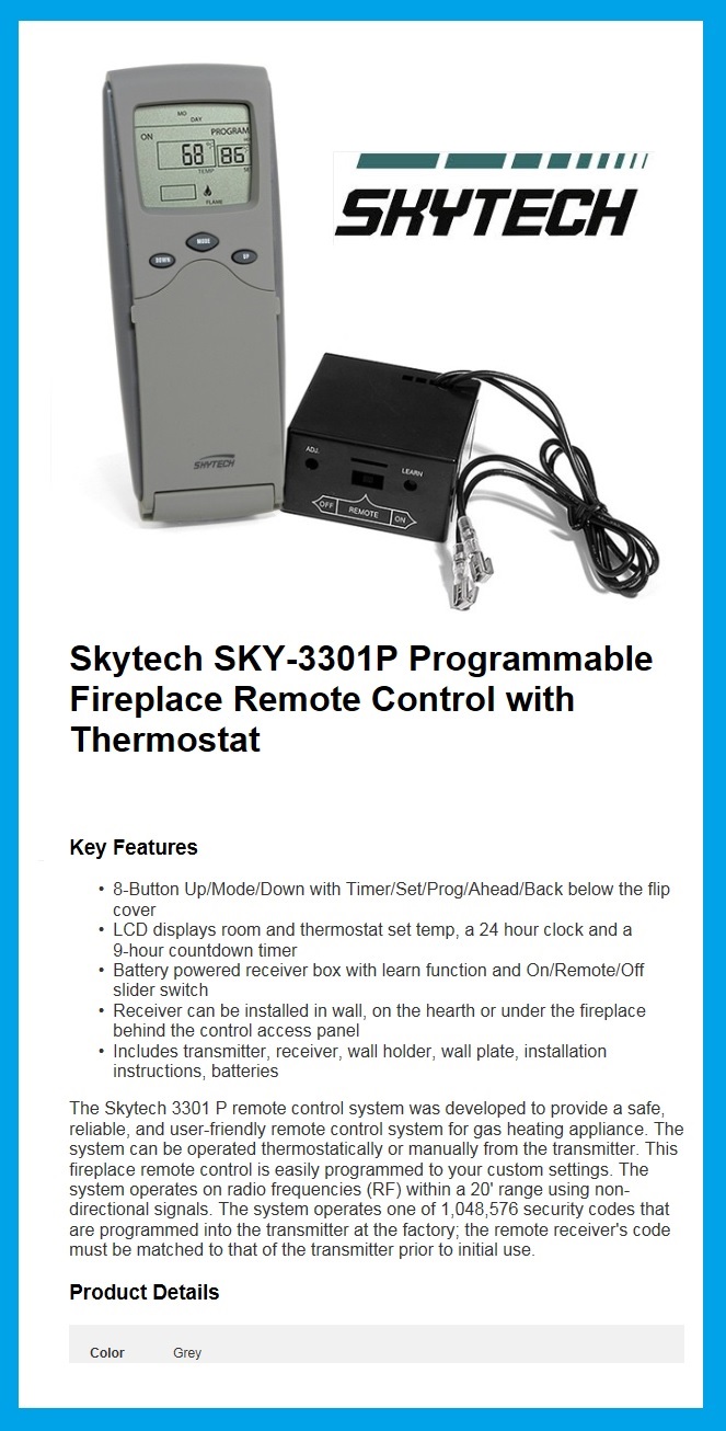 SKYTECH SKY3301P Fireplace Remote Control with Timer/Thermostat FREE