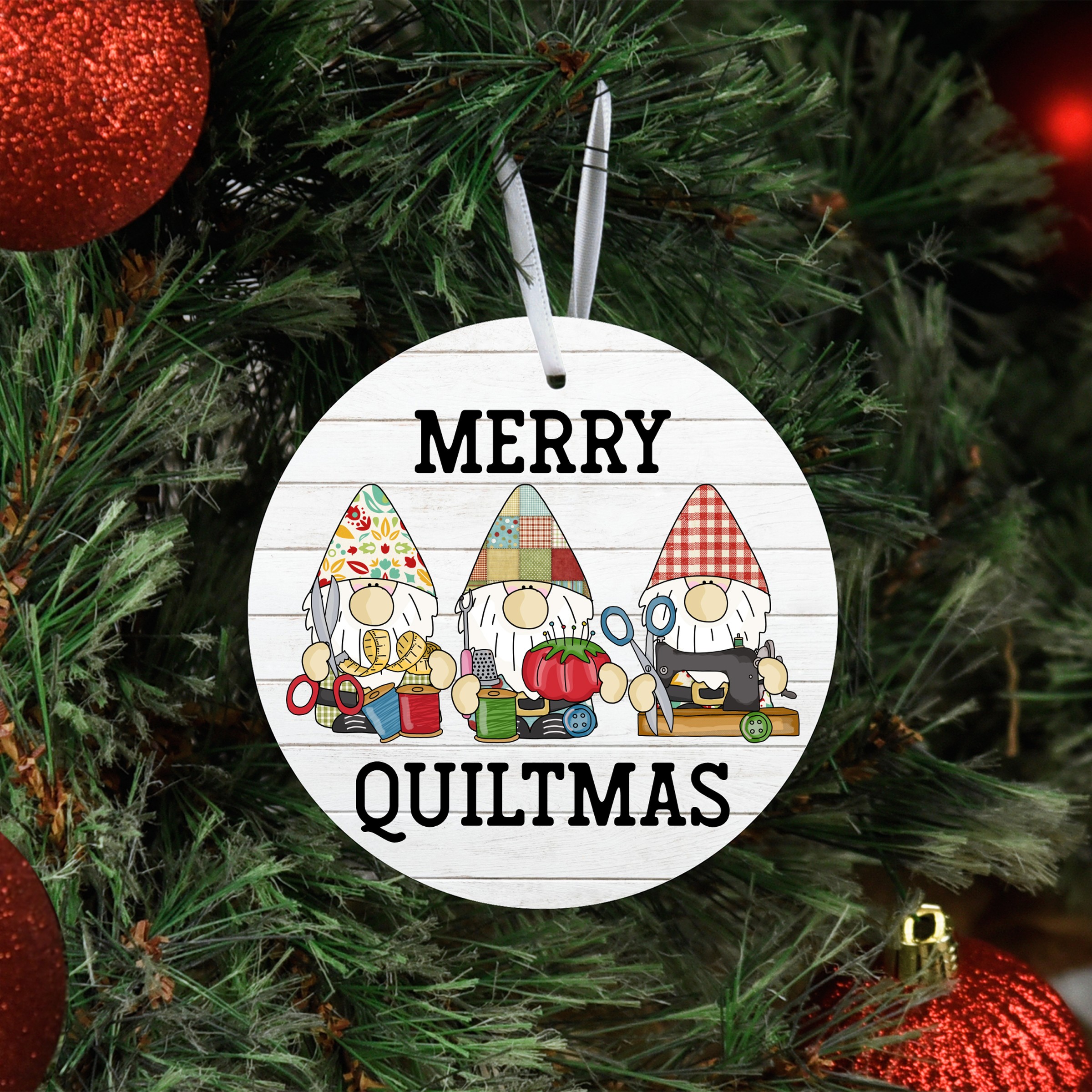 Merry Quiltmas Gnomes Metal Ornament
