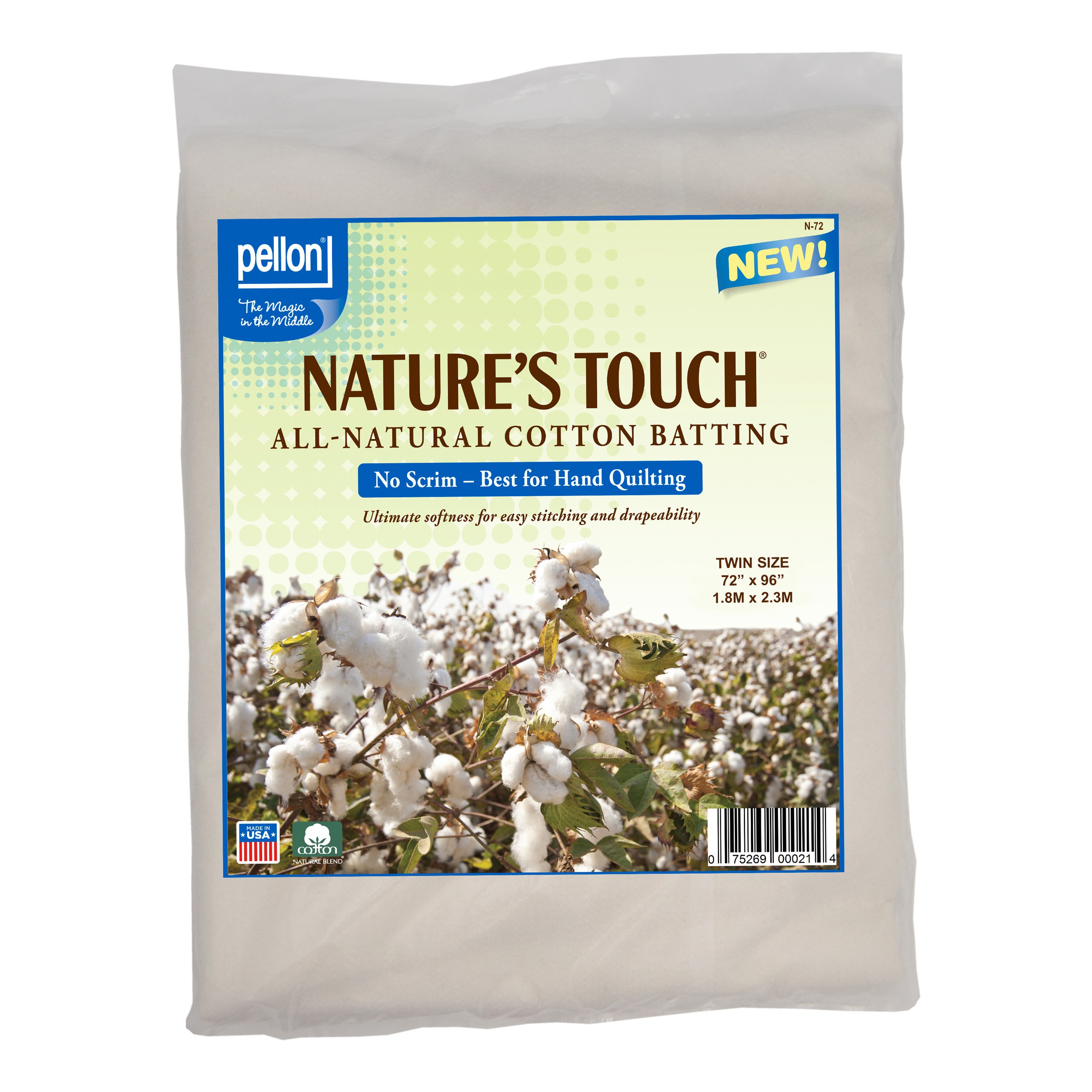 Pellon Natures Touch 100 Natural Cotton Batting no scrim TwinSized 72in x 90in