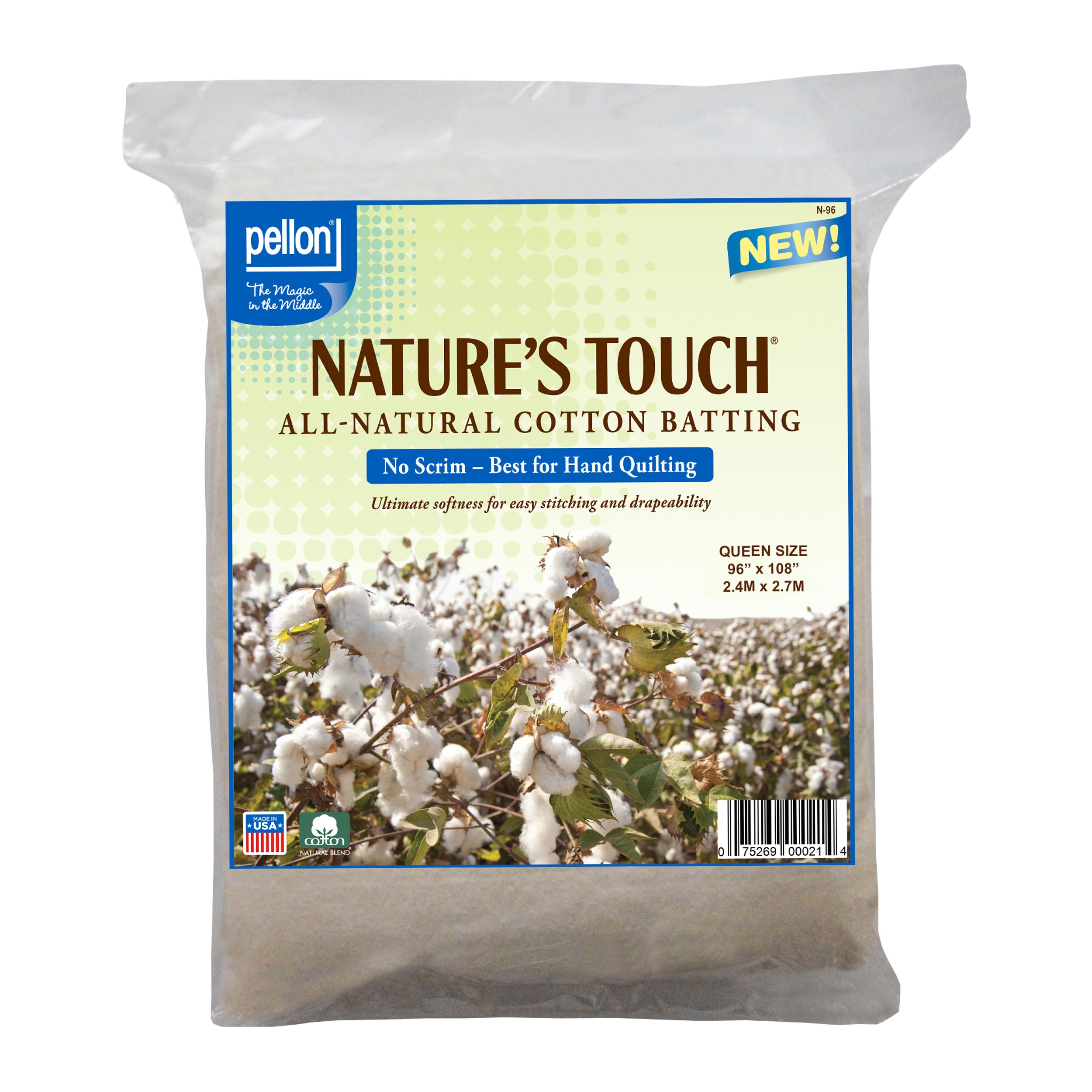 Pellon Natures Touch 100 Natural Cotton Batting QueenSized 90in x 108in