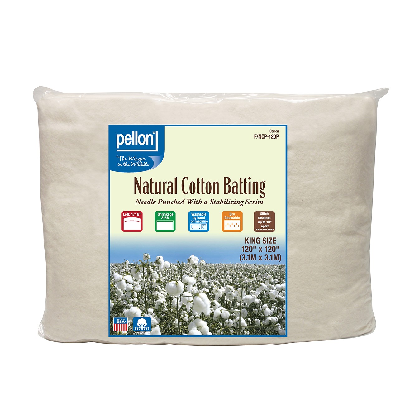Pellon Natures Touch 100 Natural Cotton Batting KingSized 120in x 120in