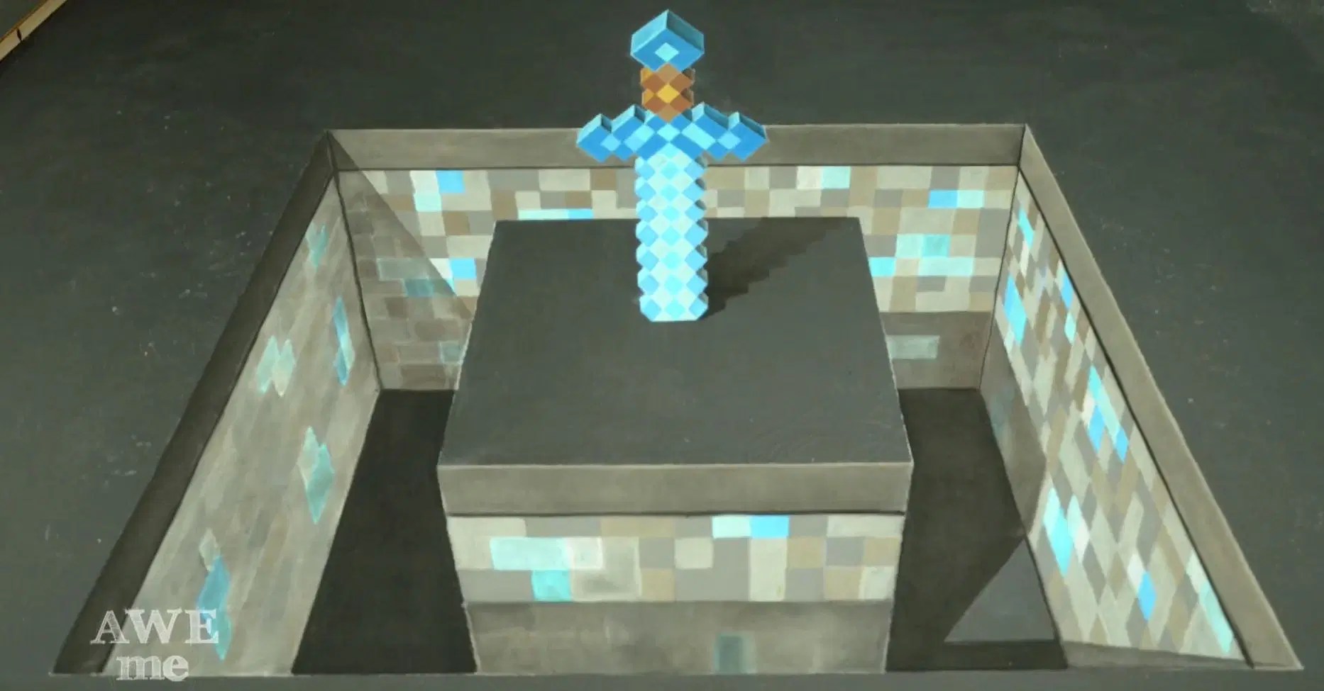 Drawing A Minecraft Diamond Sword In 3d Chalk