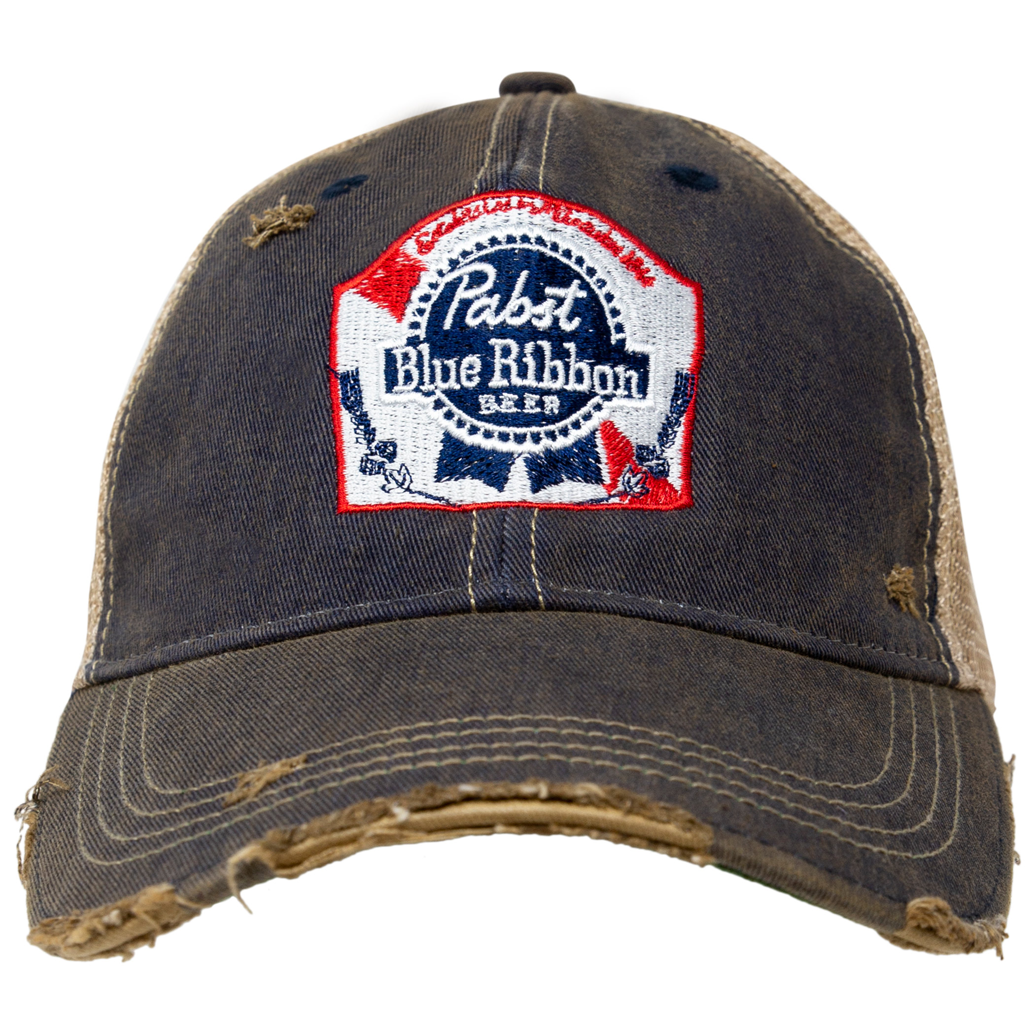 Pabst Blue Ribbon Distressed Retro Brand PBR Brown Mesh Trucker Hat