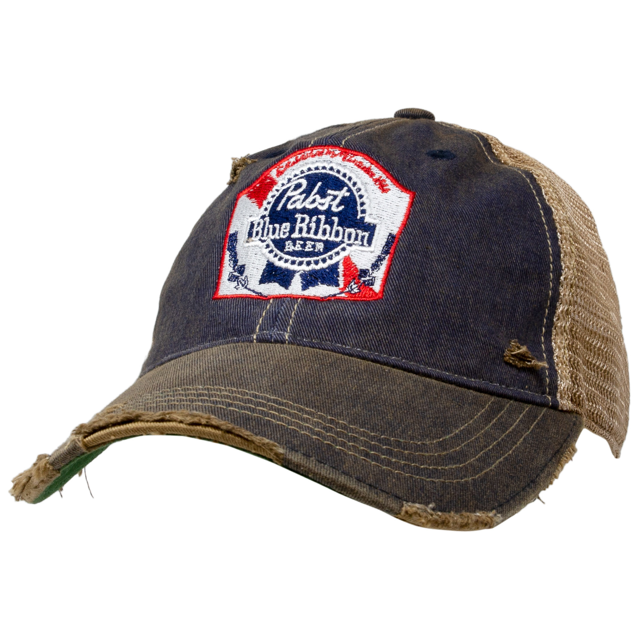 Pabst Blue Ribbon Distressed Retro Brand PBR Brown Mesh Trucker Hat