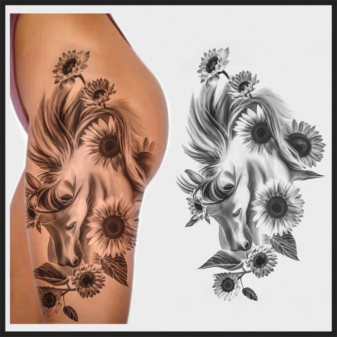 Horse and Sunflower Thigh Tattoo Tattoo contest