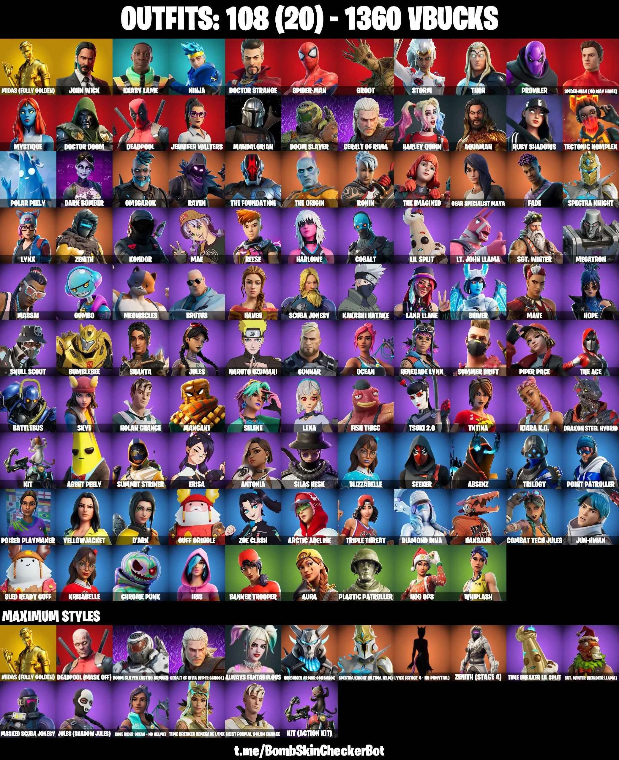 ️108 SKINS ️JOHN WICK ️WHIPLASH ️PLASTIC PATROLLER ️SPIDERMAN ️SPIDER