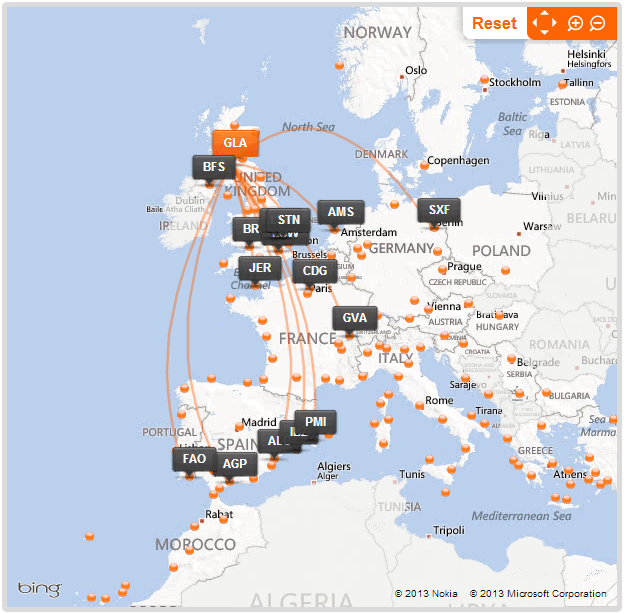 easyJet route map from Glasgow