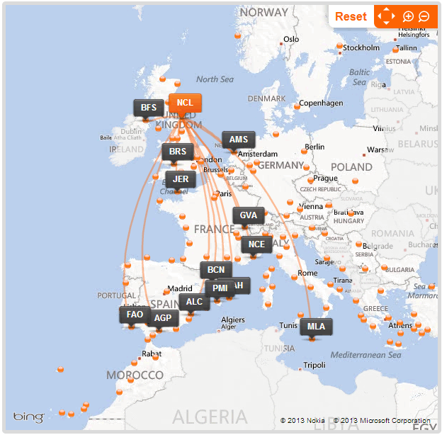 easyJet route map from Newcastle