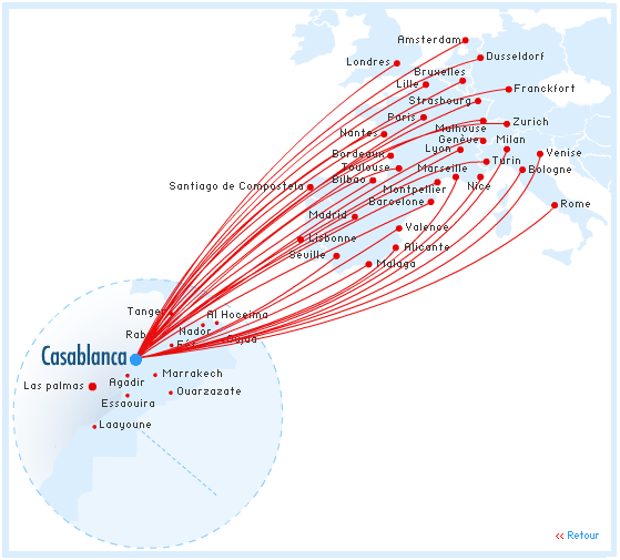 Royal Air Maroc route map Europe from Casablanca